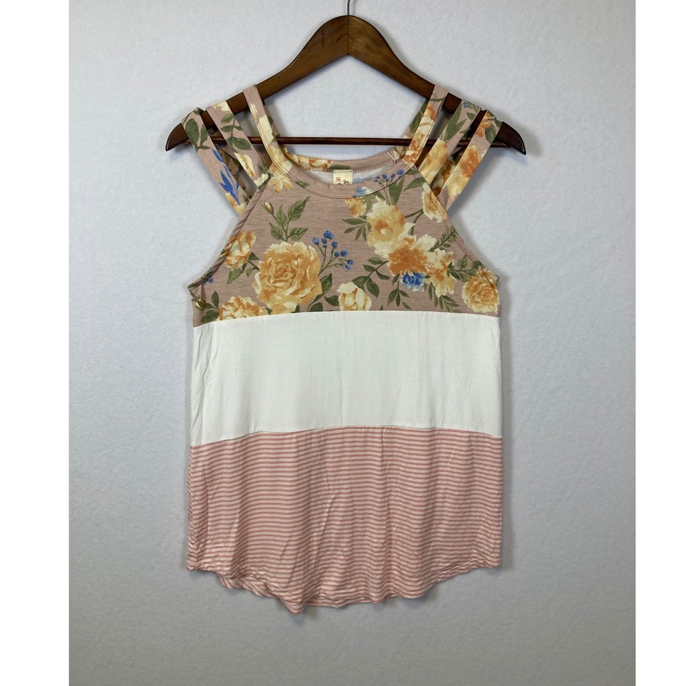 7th Ray Floral Striped Multi Strap Tank Top Small Pink White Mixed Print